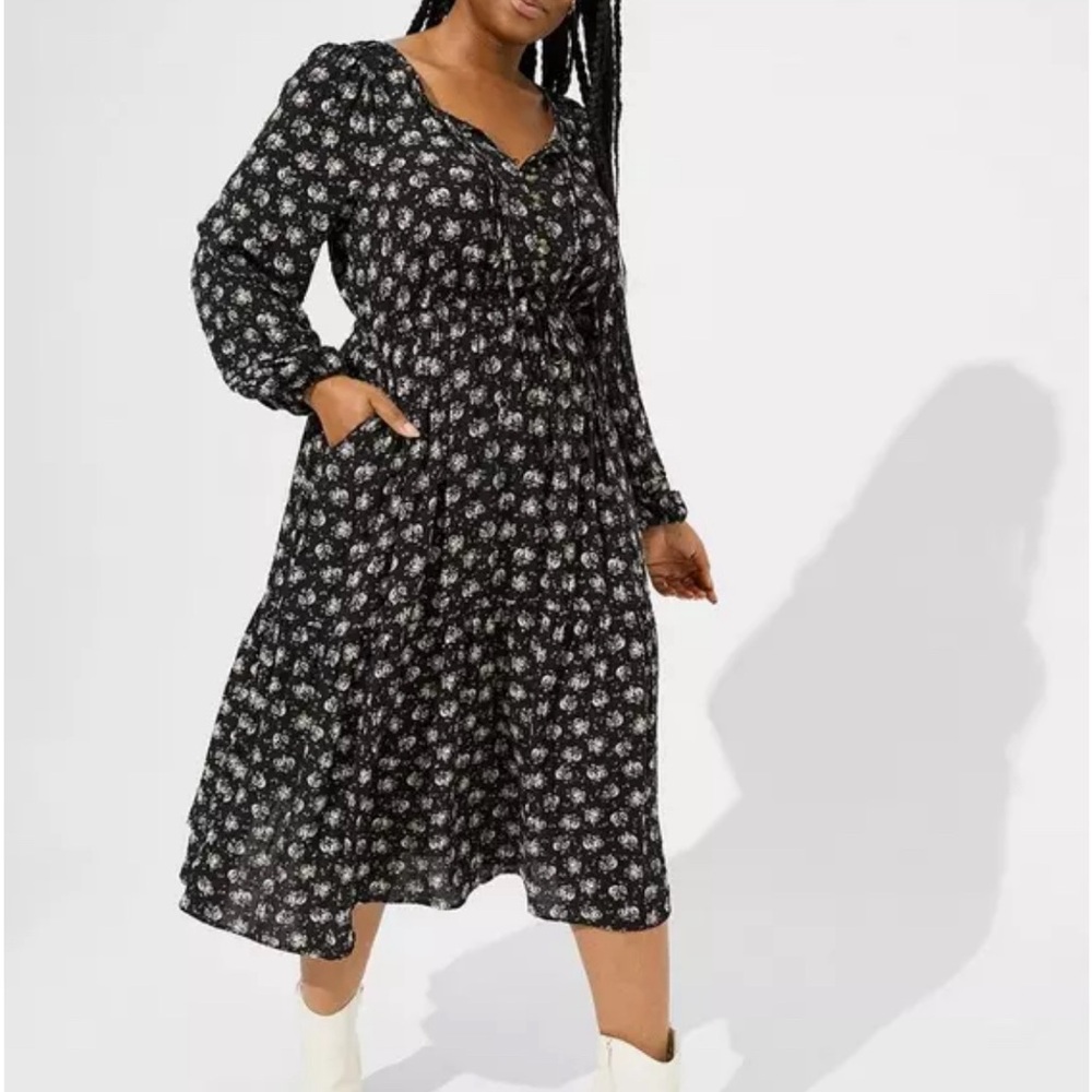 Torrid Midi Swiss Dot Pleat Long Sleeve Dress size 2